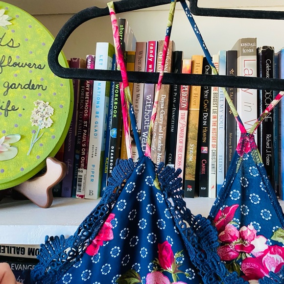 Free People | NEW Strappy Blue Floral Rose Lace Trim Midi Dress - Picture 8 of 13